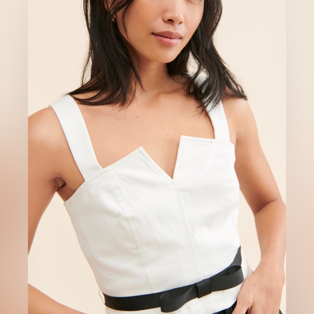 Anthropologie White Canvas Sleeveless Top with Black Ribbon Belt